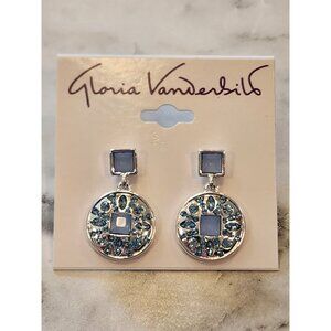 Gloria Vanderbilt Silver Tone & Blue Crystal Drop Earrings Square Round Accents